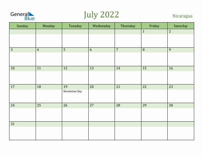 July 2022 Calendar with Nicaragua Holidays