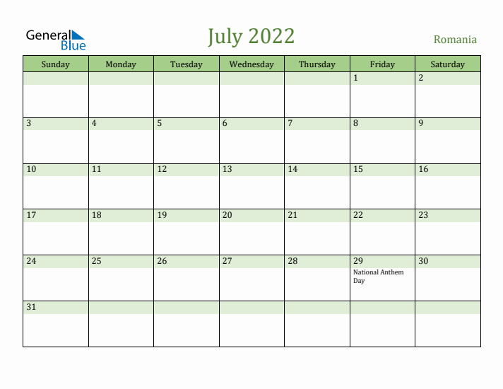 July 2022 Calendar with Romania Holidays