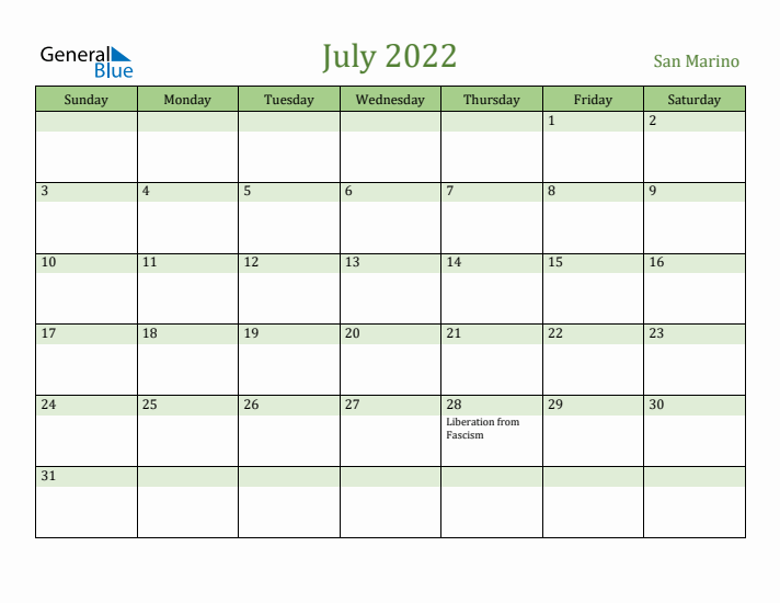 July 2022 Calendar with San Marino Holidays