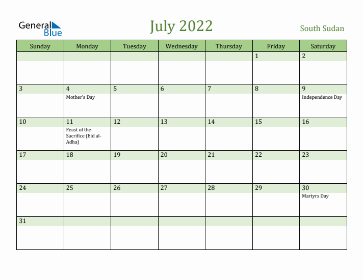 July 2022 Calendar with South Sudan Holidays