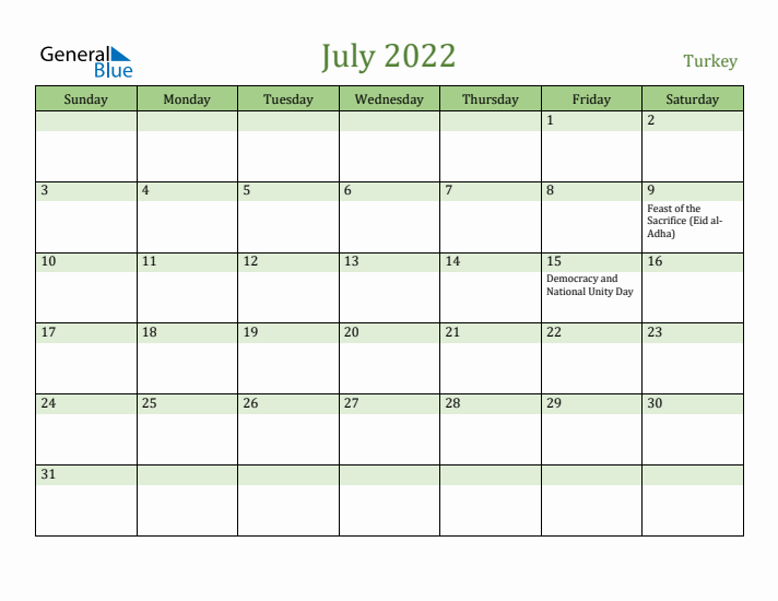 July 2022 Calendar with Turkey Holidays