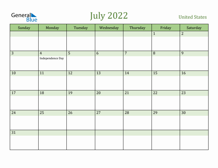 July 2022 Calendar with United States Holidays