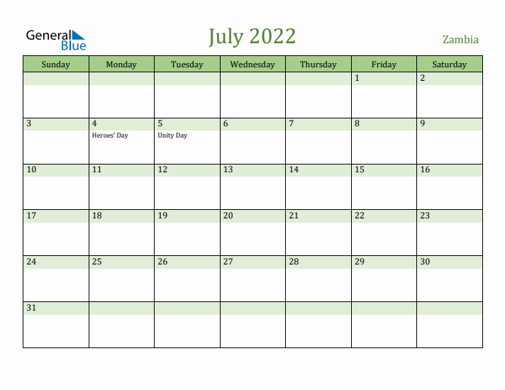 July 2022 Calendar with Zambia Holidays