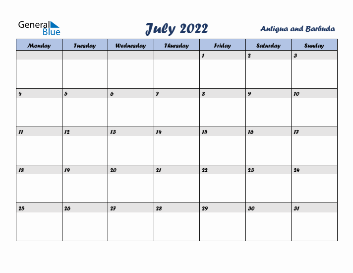 July 2022 Calendar with Holidays in Antigua and Barbuda