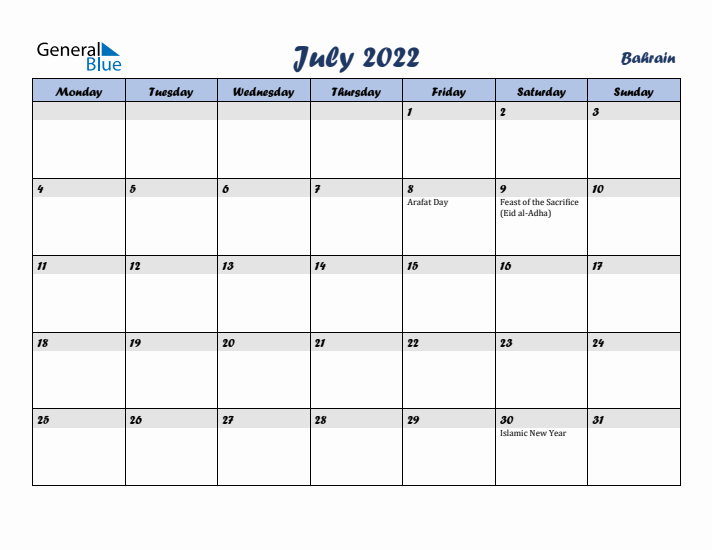 July 2022 Calendar with Holidays in Bahrain