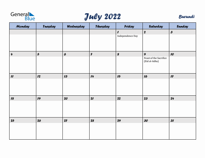 July 2022 Calendar with Holidays in Burundi