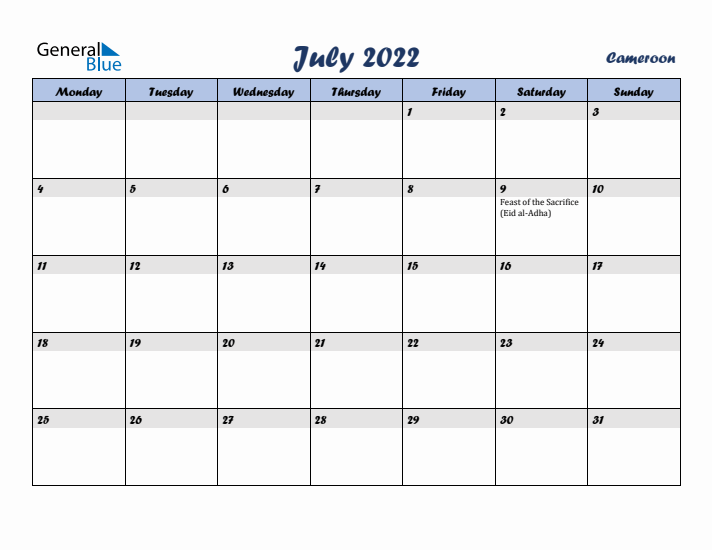 July 2022 Calendar with Holidays in Cameroon