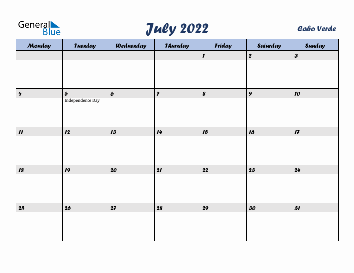 July 2022 Calendar with Holidays in Cabo Verde