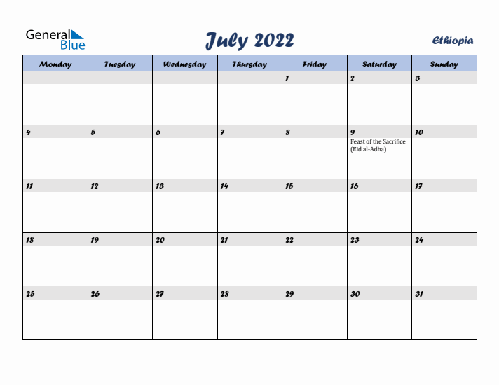 July 2022 Calendar with Holidays in Ethiopia