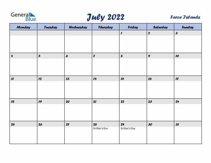 July 2022 Calendar with Holidays in Faroe Islands