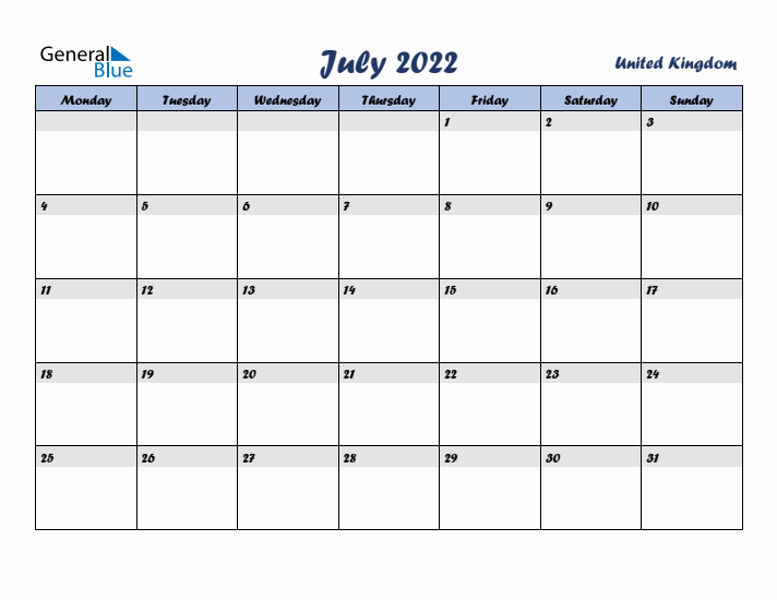 July 2022 Calendar with Holidays in United Kingdom