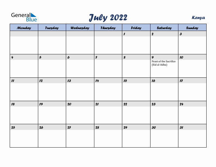 July 2022 Calendar with Holidays in Kenya