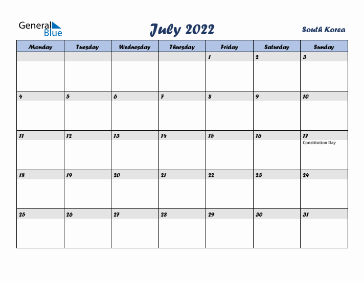 July 2022 Calendar with Holidays in South Korea