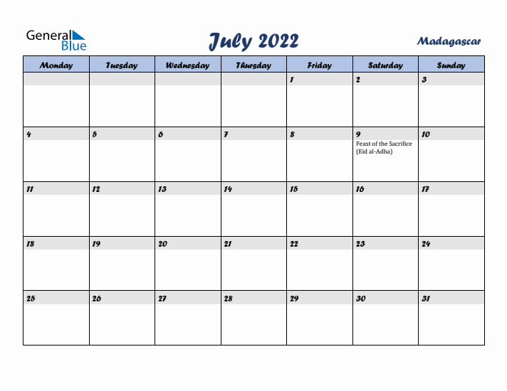 July 2022 Calendar with Holidays in Madagascar