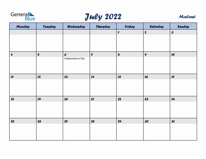 July 2022 Calendar with Holidays in Malawi