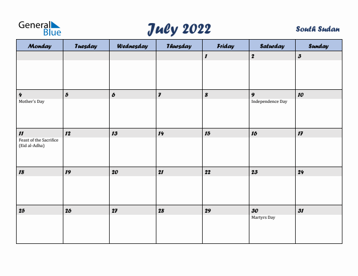 July 2022 Calendar with Holidays in South Sudan