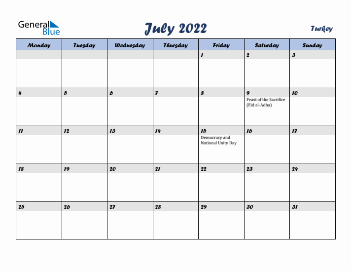 July 2022 Calendar with Holidays in Turkey