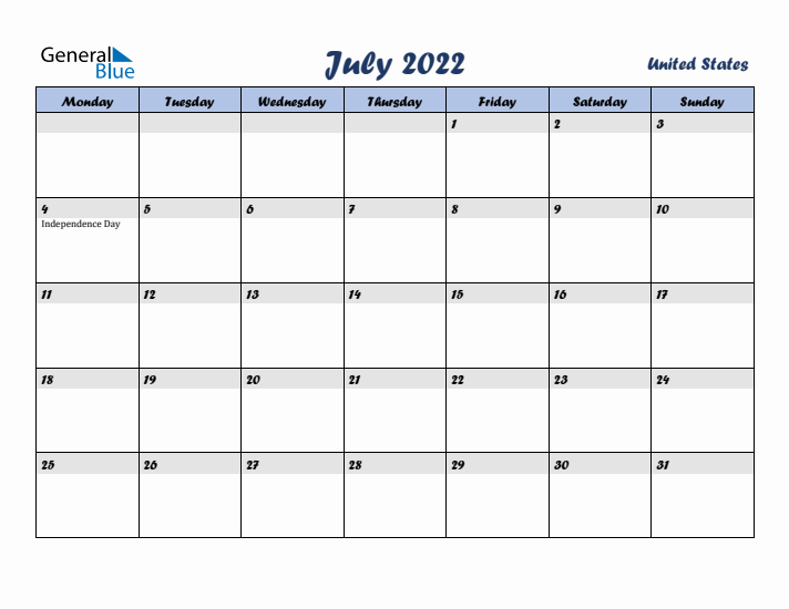 July 2022 Calendar with Holidays in United States