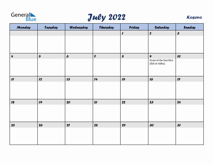 July 2022 Calendar with Holidays in Kosovo