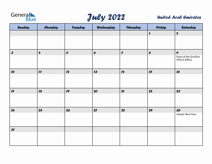 July 2022 Calendar with Holidays in United Arab Emirates