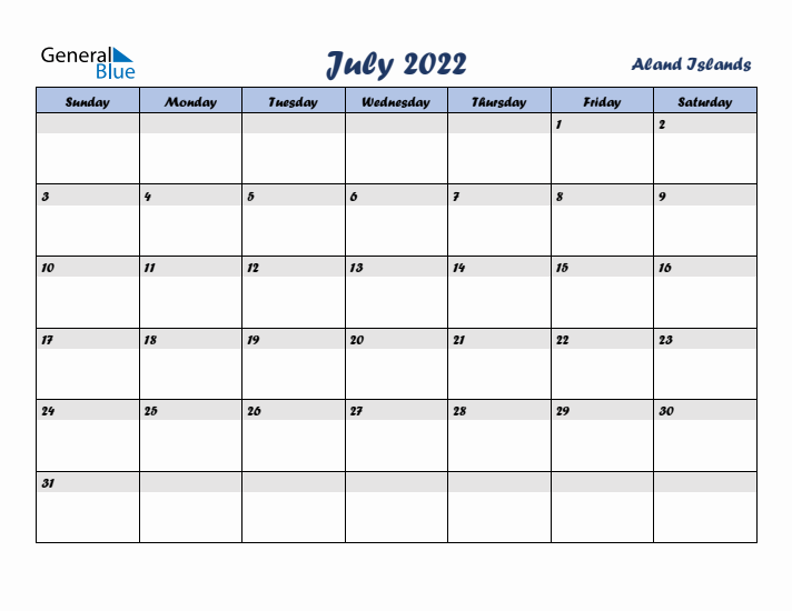 July 2022 Calendar with Holidays in Aland Islands