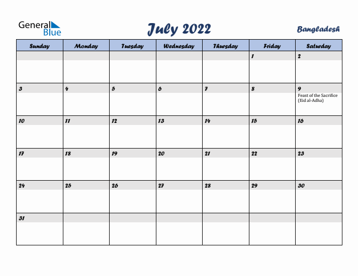 July 2022 Calendar with Holidays in Bangladesh