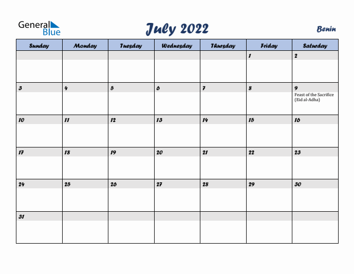 July 2022 Calendar with Holidays in Benin