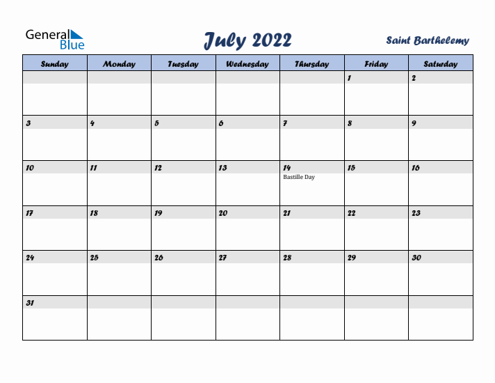 July 2022 Calendar with Holidays in Saint Barthelemy