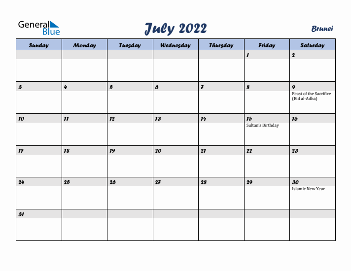 July 2022 Calendar with Holidays in Brunei