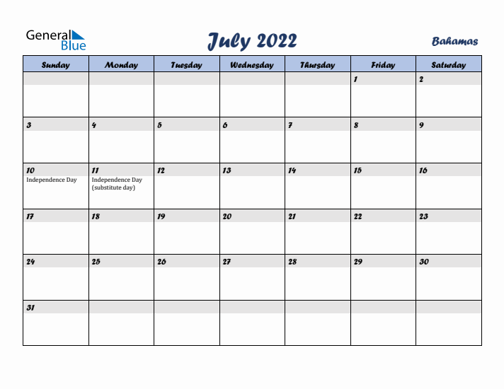 July 2022 Calendar with Holidays in Bahamas