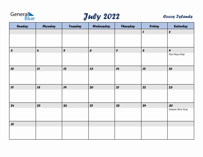 July 2022 Calendar with Holidays in Cocos Islands