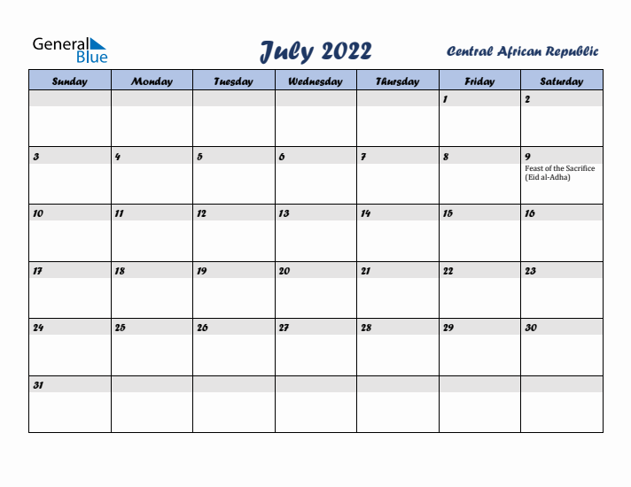 July 2022 Calendar with Holidays in Central African Republic