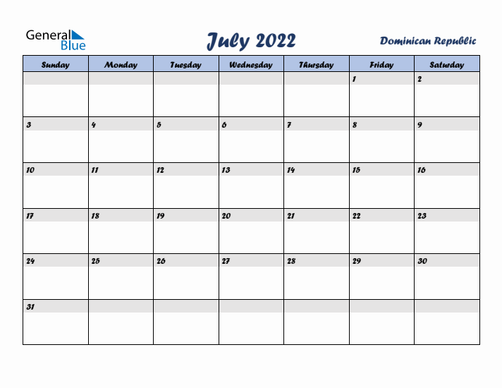 July 2022 Calendar with Holidays in Dominican Republic