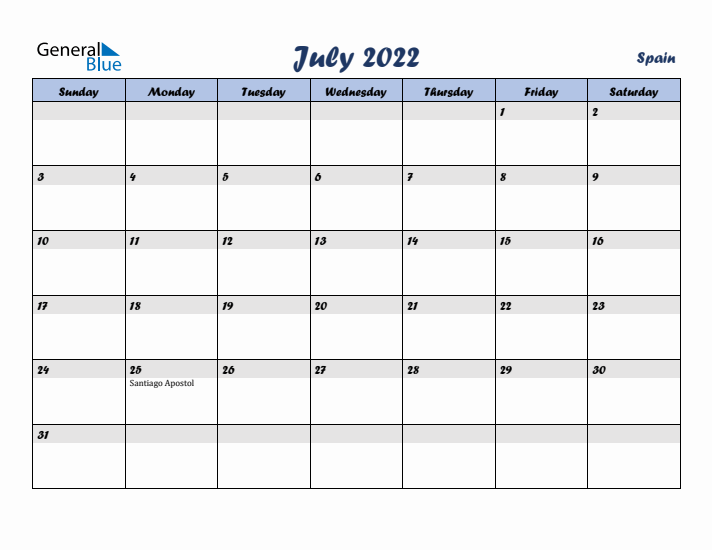 July 2022 Calendar with Holidays in Spain