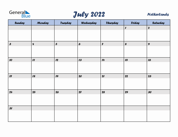 July 2022 Calendar with Holidays in The Netherlands