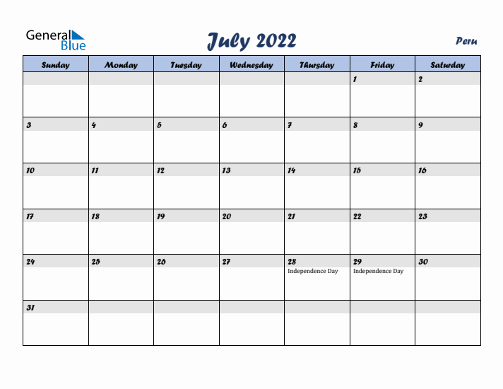 July 2022 Calendar with Holidays in Peru