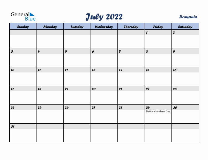 July 2022 Calendar with Holidays in Romania