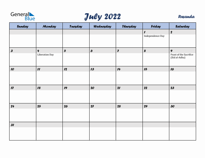 July 2022 Calendar with Holidays in Rwanda