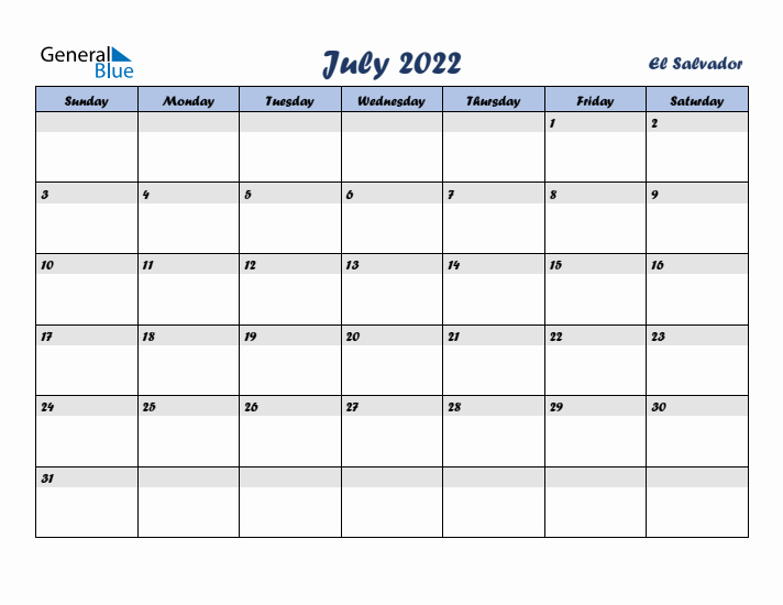 July 2022 Calendar with Holidays in El Salvador