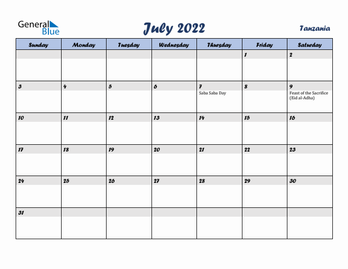 July 2022 Calendar with Holidays in Tanzania