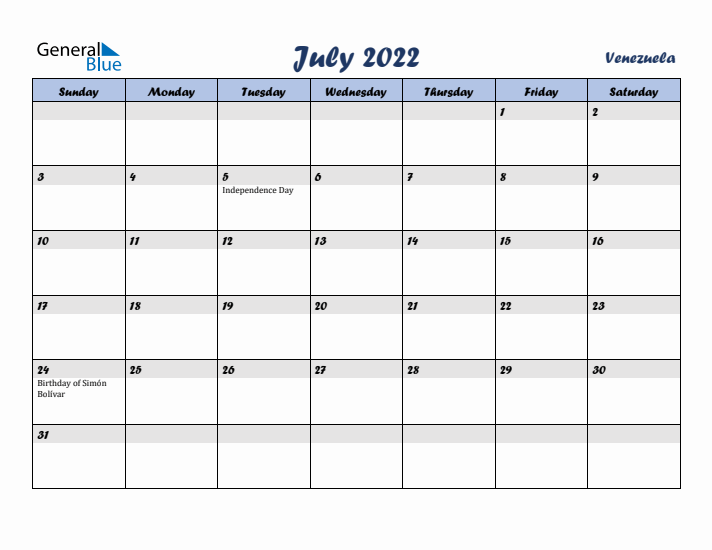 July 2022 Calendar with Holidays in Venezuela