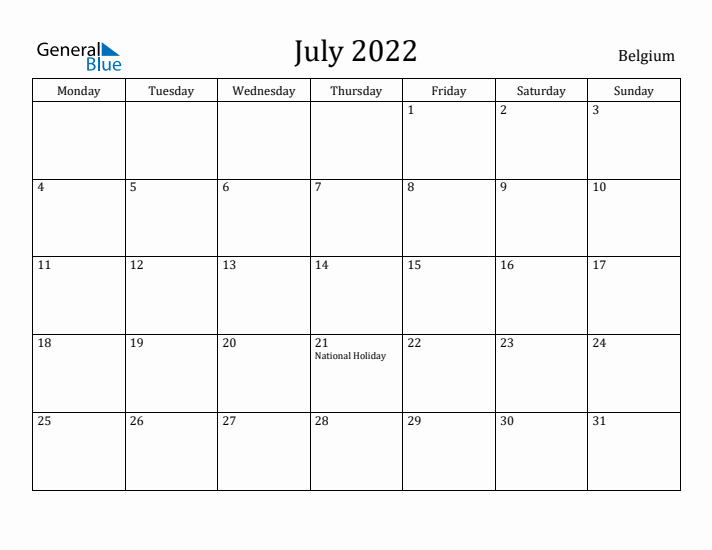 July 2022 Calendar Belgium