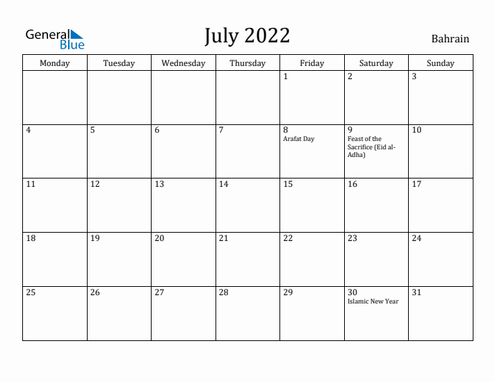 July 2022 Calendar Bahrain