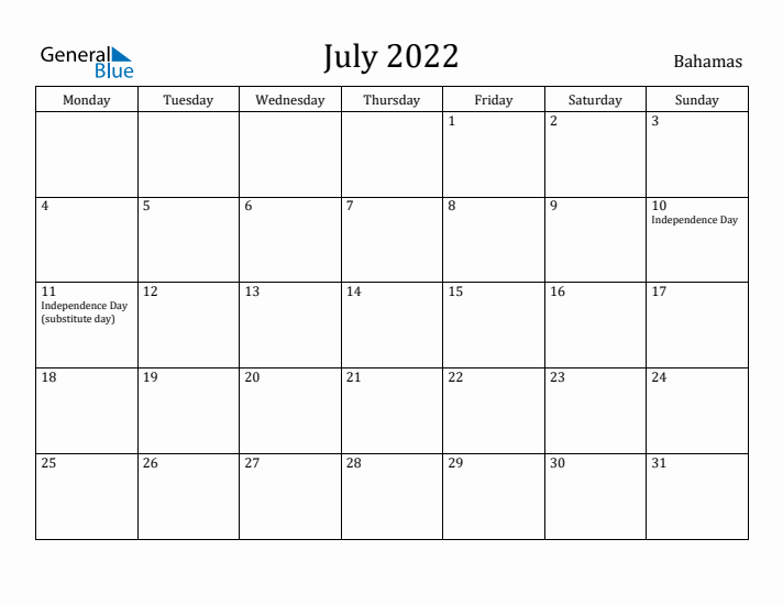 July 2022 Calendar Bahamas