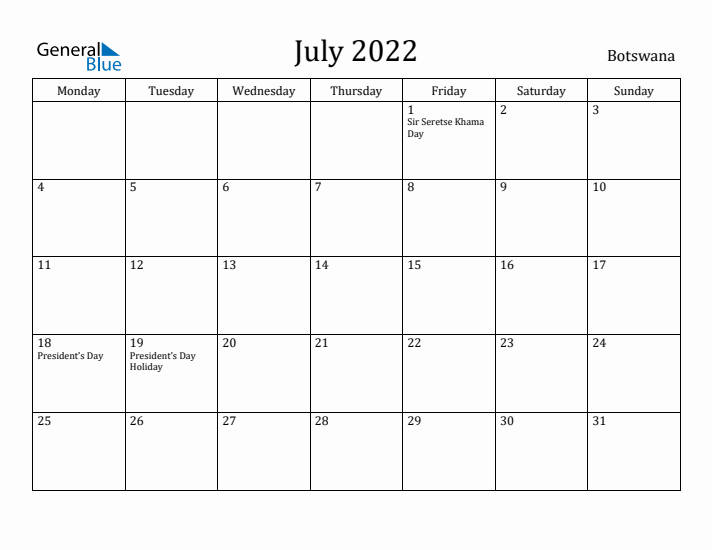 July 2022 Calendar Botswana