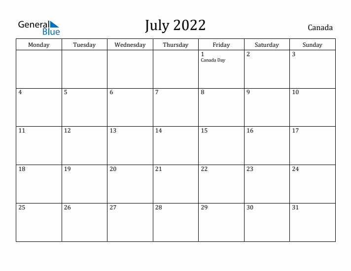 July 2022 Calendar Canada