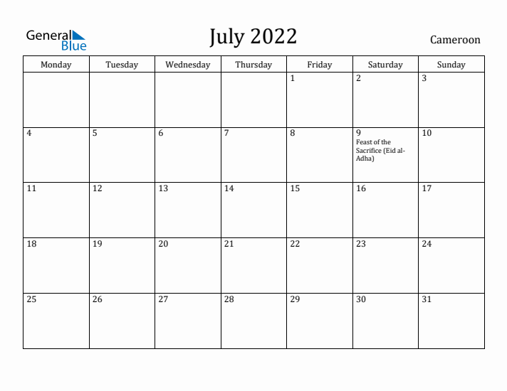 July 2022 Calendar Cameroon