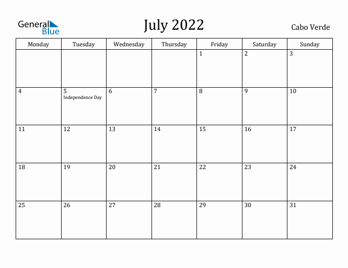 July 2022 Calendar Cabo Verde