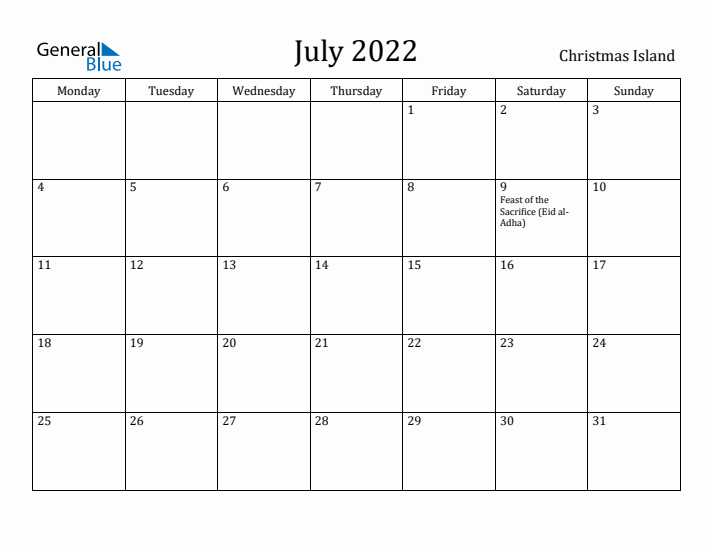 July 2022 Calendar Christmas Island