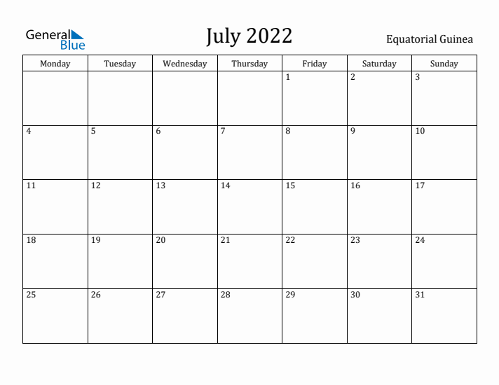 July 2022 Calendar Equatorial Guinea